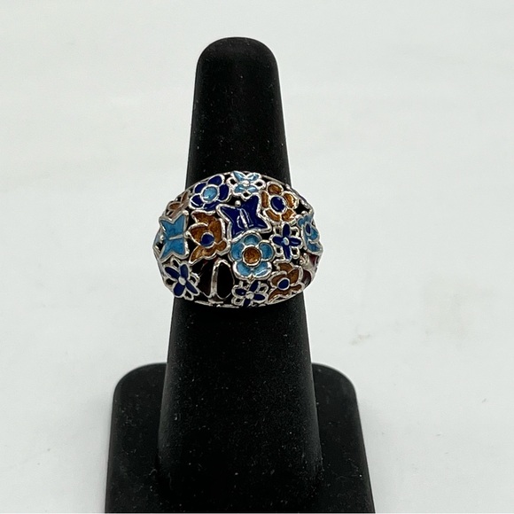 Sterling Silver Enamel Floral Butterfly Ring - Picture 2 of 4